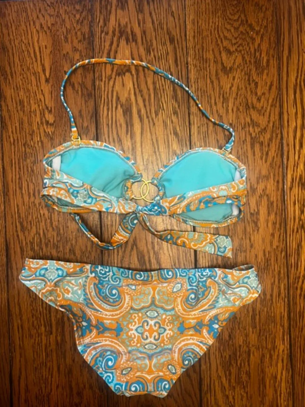 Women's Xhilaration 2 piece swimsuit Bikini, Size M, Blue/Orange Paisly, Ex Con! - Picture 2 of 4
